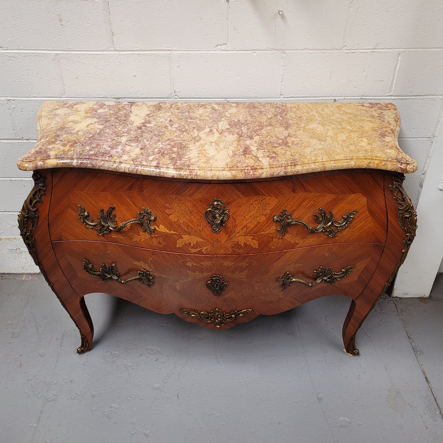 French Louis XV Style Marble Top Commode With Decorative Marquetry Inlay