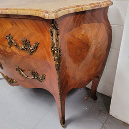 French Louis XV Style Marble Top Commode With Decorative Marquetry Inlay