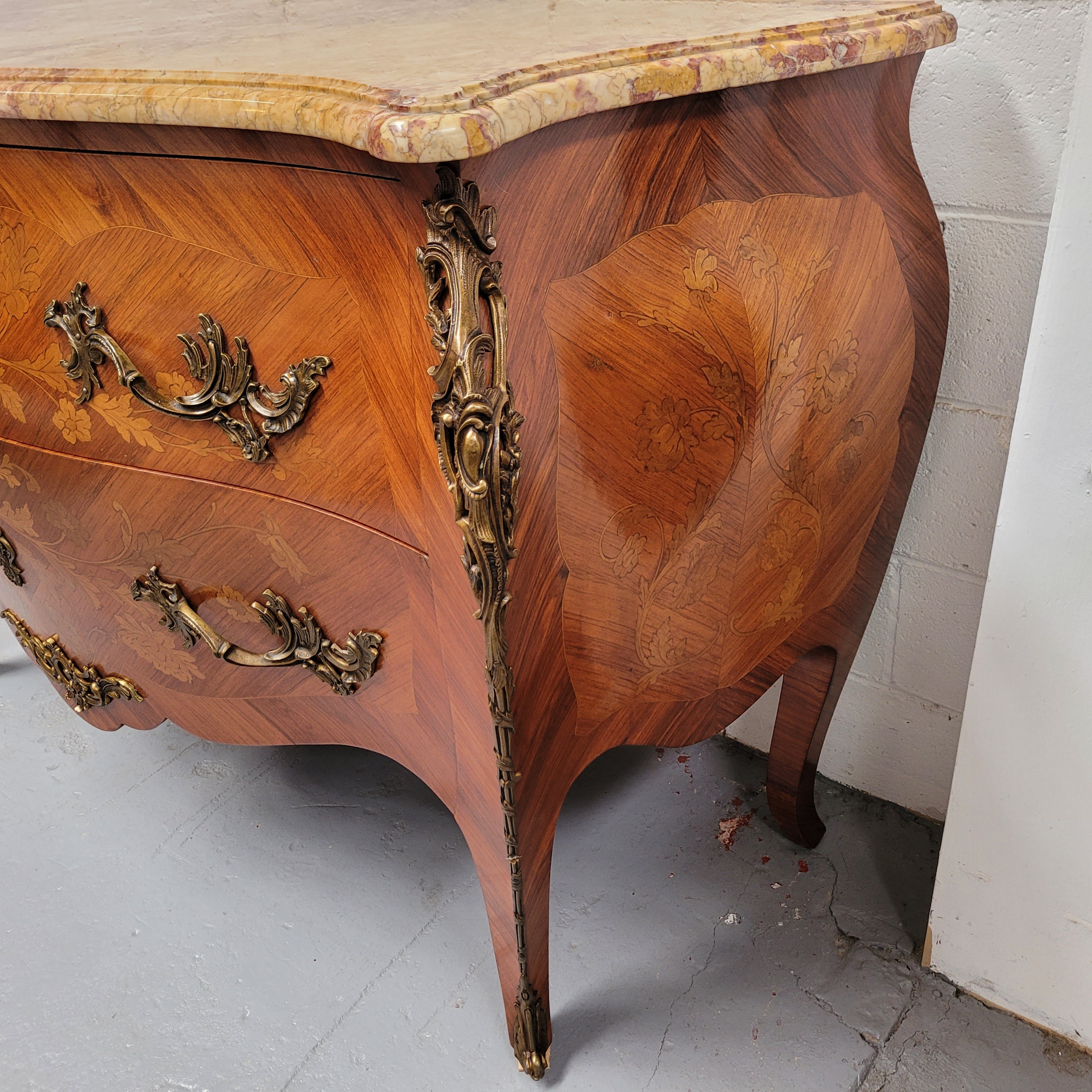 French Louis XV Style Marble Top Commode With Decorative Marquetry Inlay | Antique & Vintage | Moonee Ponds Antiques | Australia Wide Delivery