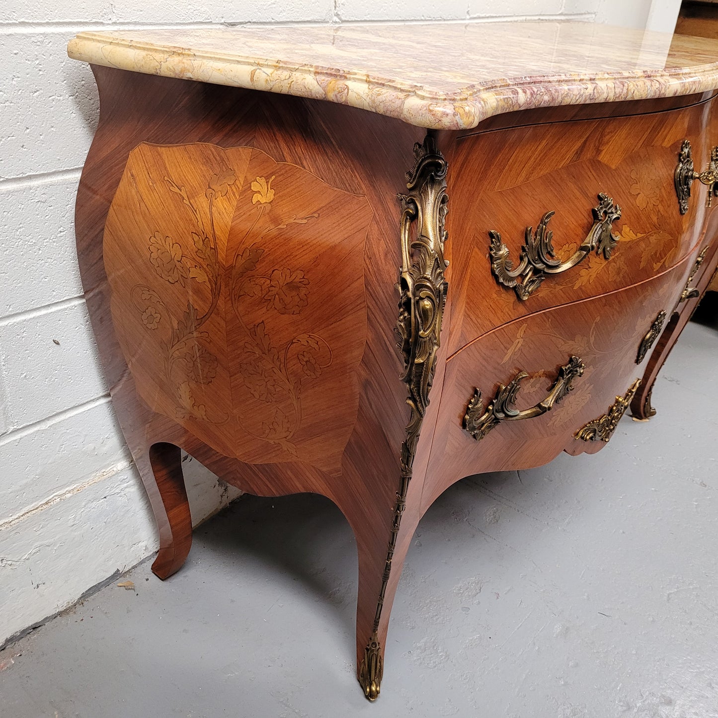 French Louis XV Style Marble Top Commode With Decorative Marquetry Inlay