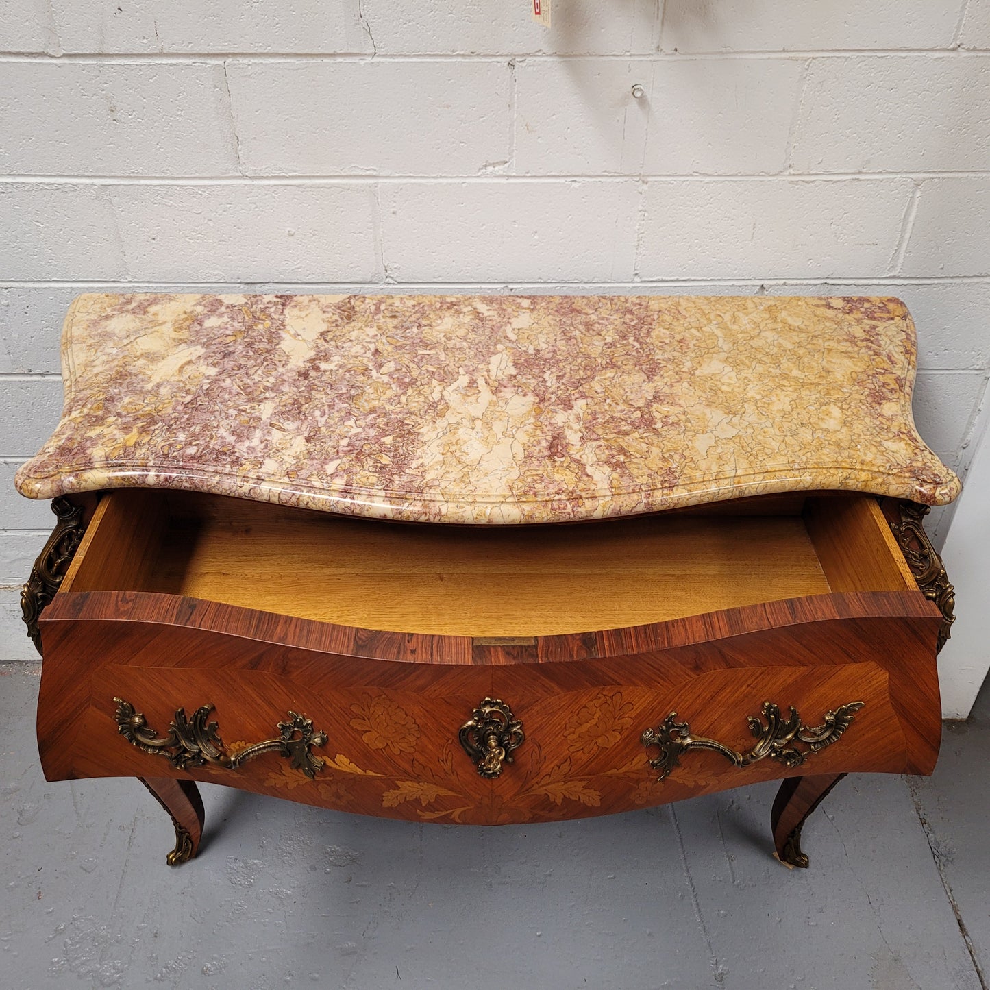 French Louis XV Style Marble Top Commode With Decorative Marquetry Inlay