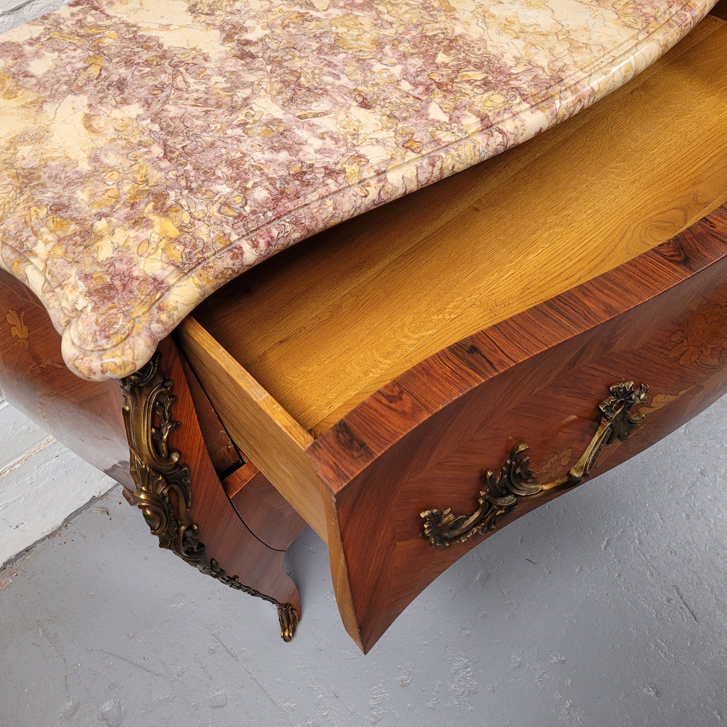 French Louis XV Style Marble Top Commode With Decorative Marquetry Inlay