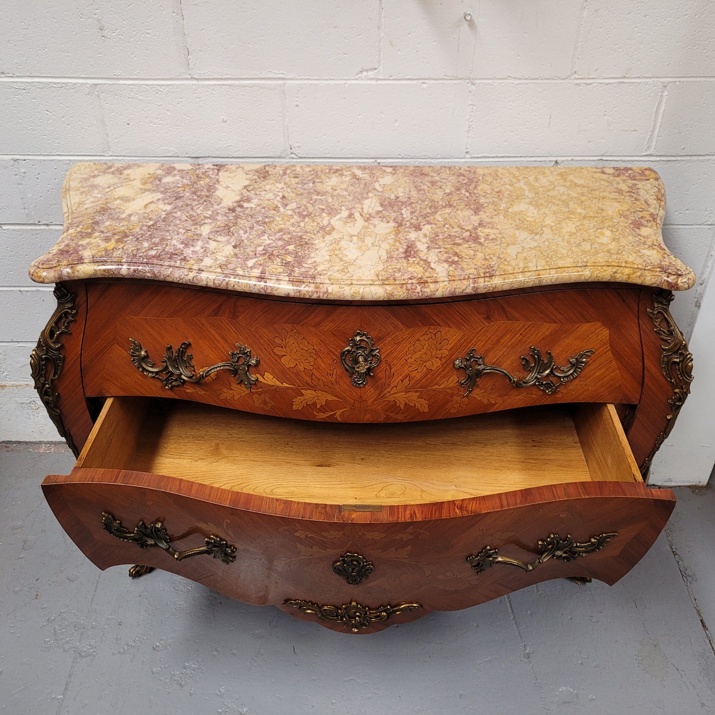 French Louis XV Style Marble Top Commode With Decorative Marquetry Inlay