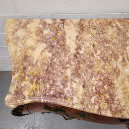 French Louis XV Style Marble Top Commode With Decorative Marquetry Inlay