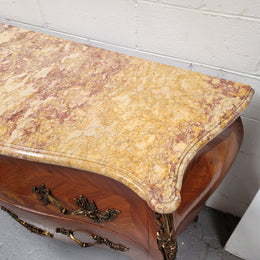 French Louis XV Style Marble Top Commode With Decorative Marquetry Inlay