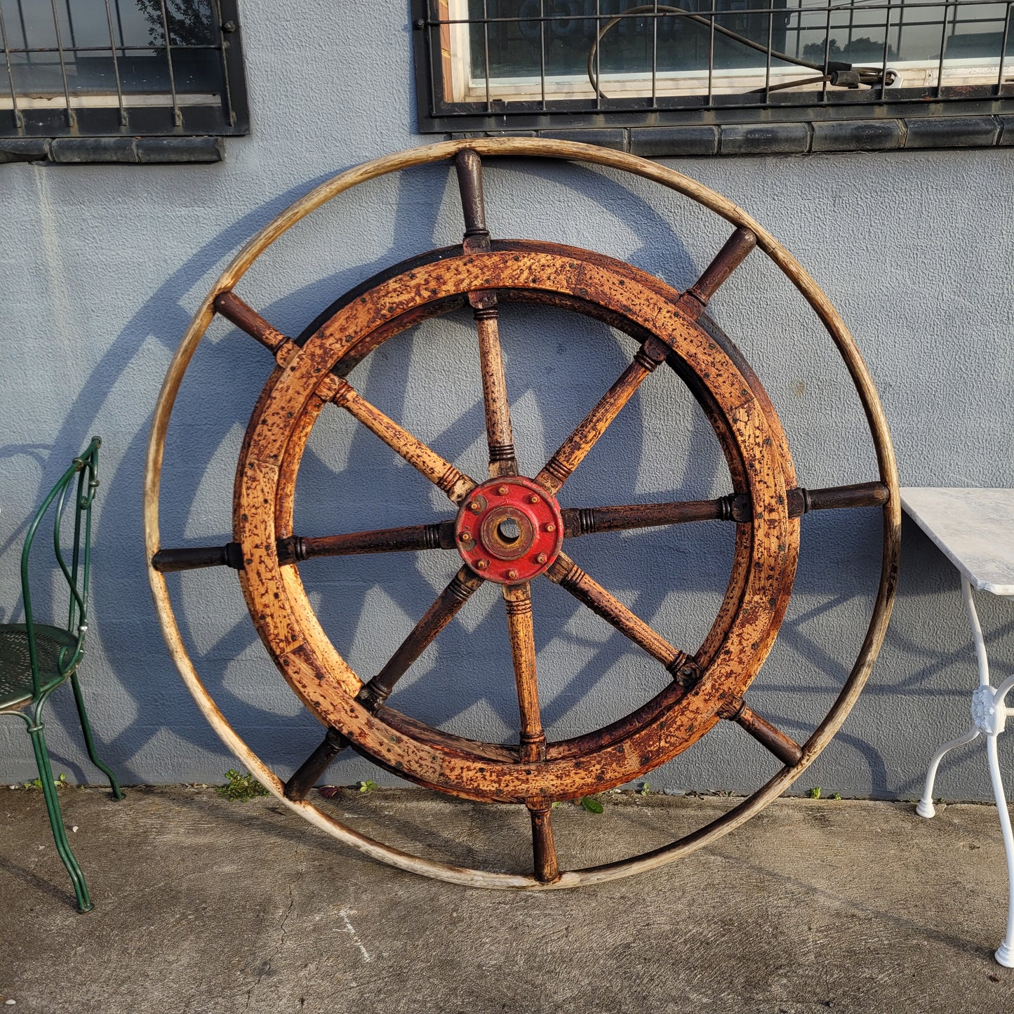 Large Antique 19th Century Eight Spoke Mahogany and Brass Ships Steering Wheel