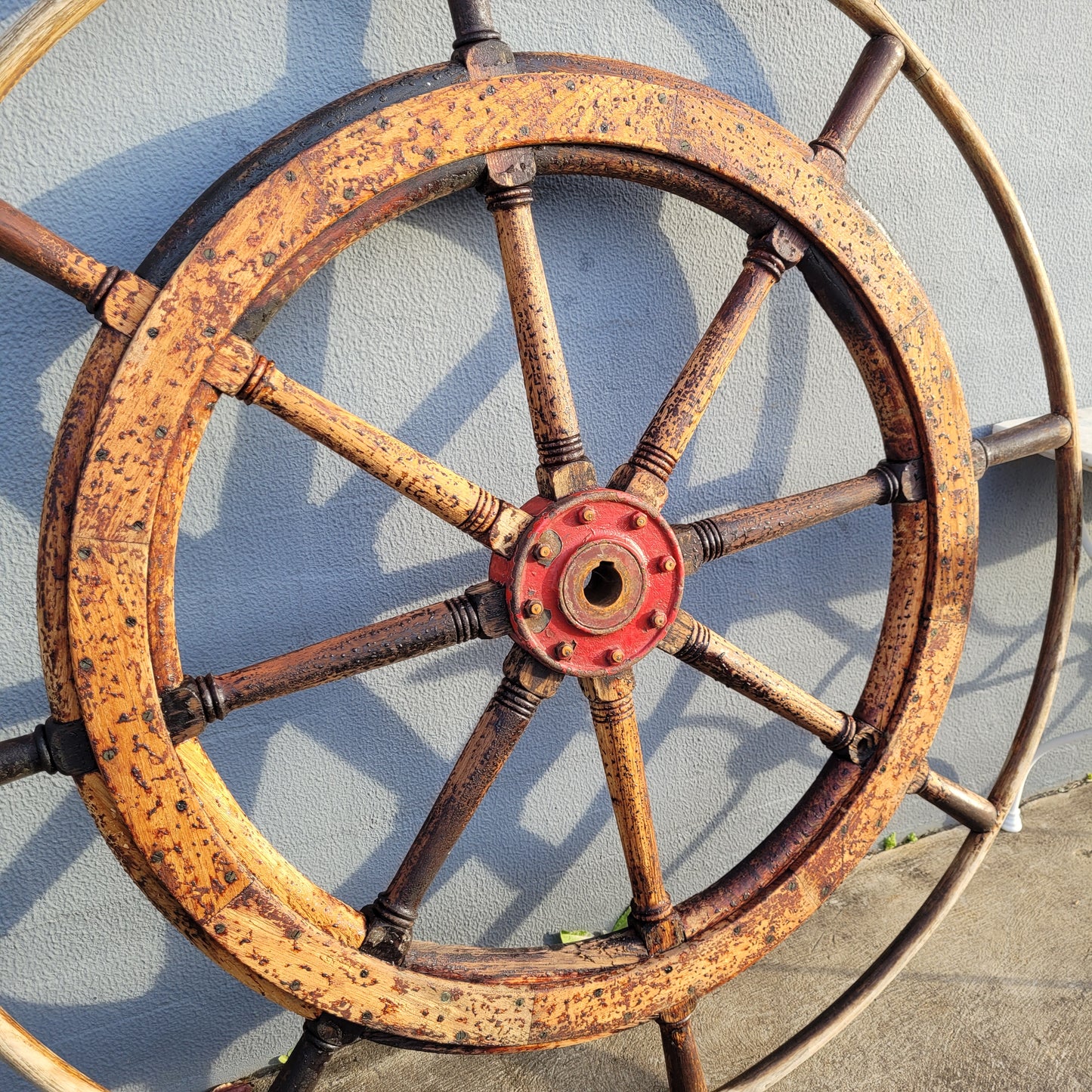 Large Antique 19th Century Eight Spoke Mahogany and Brass Ships Steering Wheel