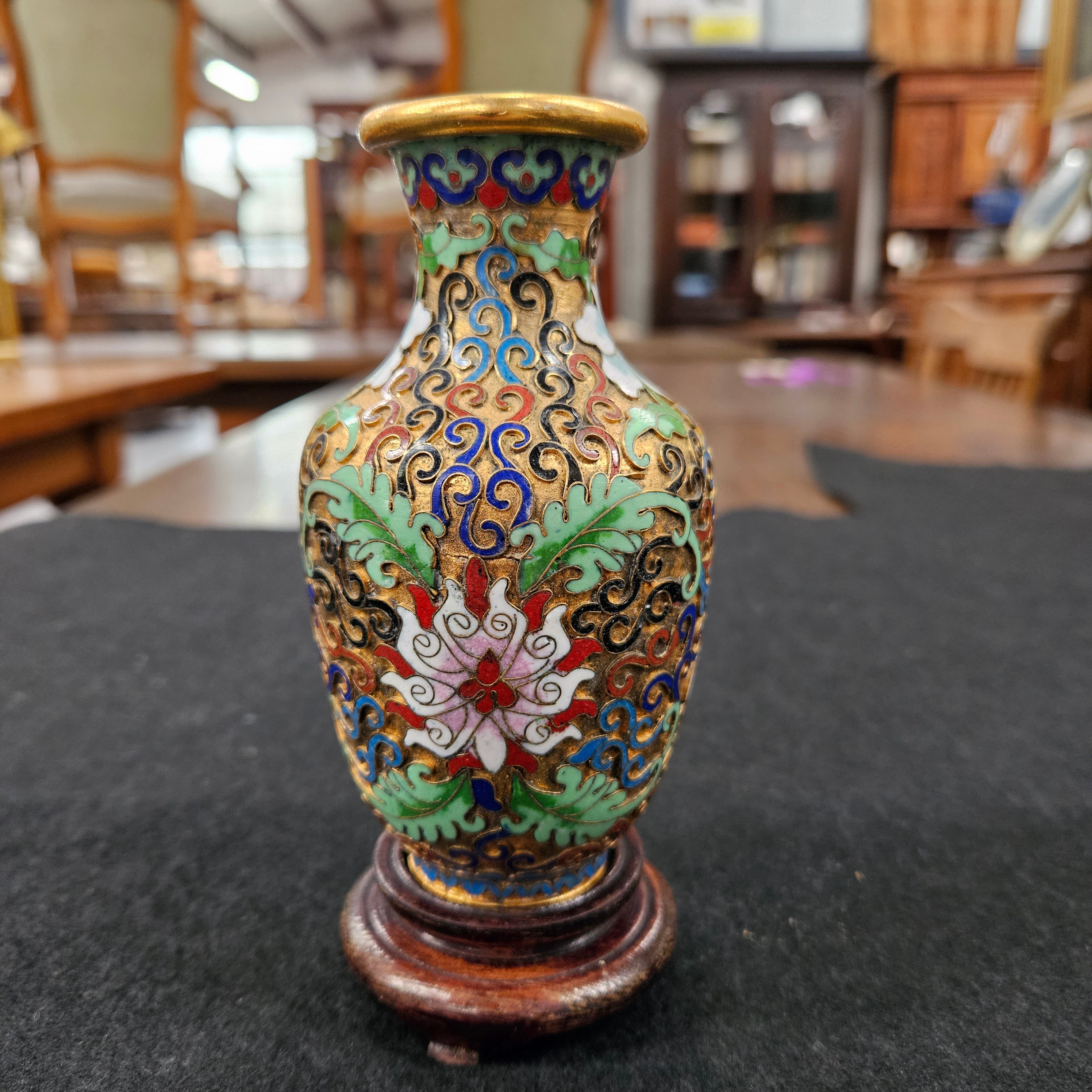 Cloisonné Softly Coloured Enamel & Gilt Vase on Stand | Antique & Vintage | Moonee Ponds Antiques | Australia Wide Delivery