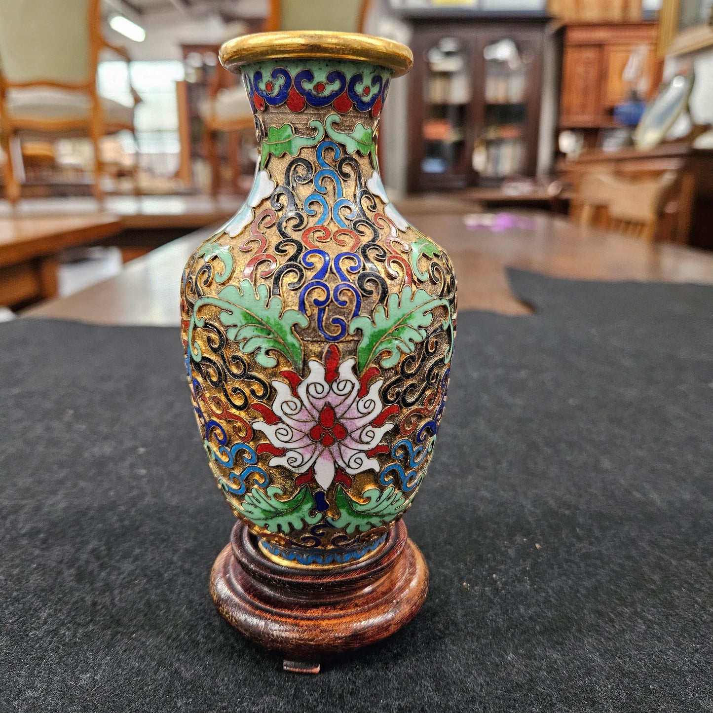 Cloisonné Softly Coloured Enamel & Gilt Vase on Stand