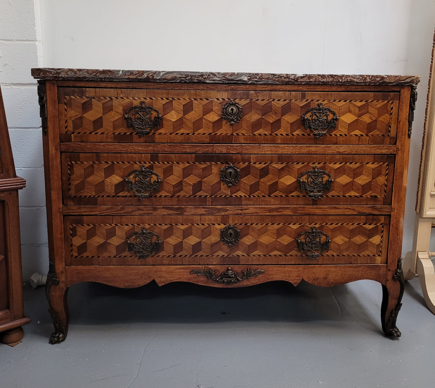 French 18th Century Louis XVI Three Drawer Marble Top Commode
