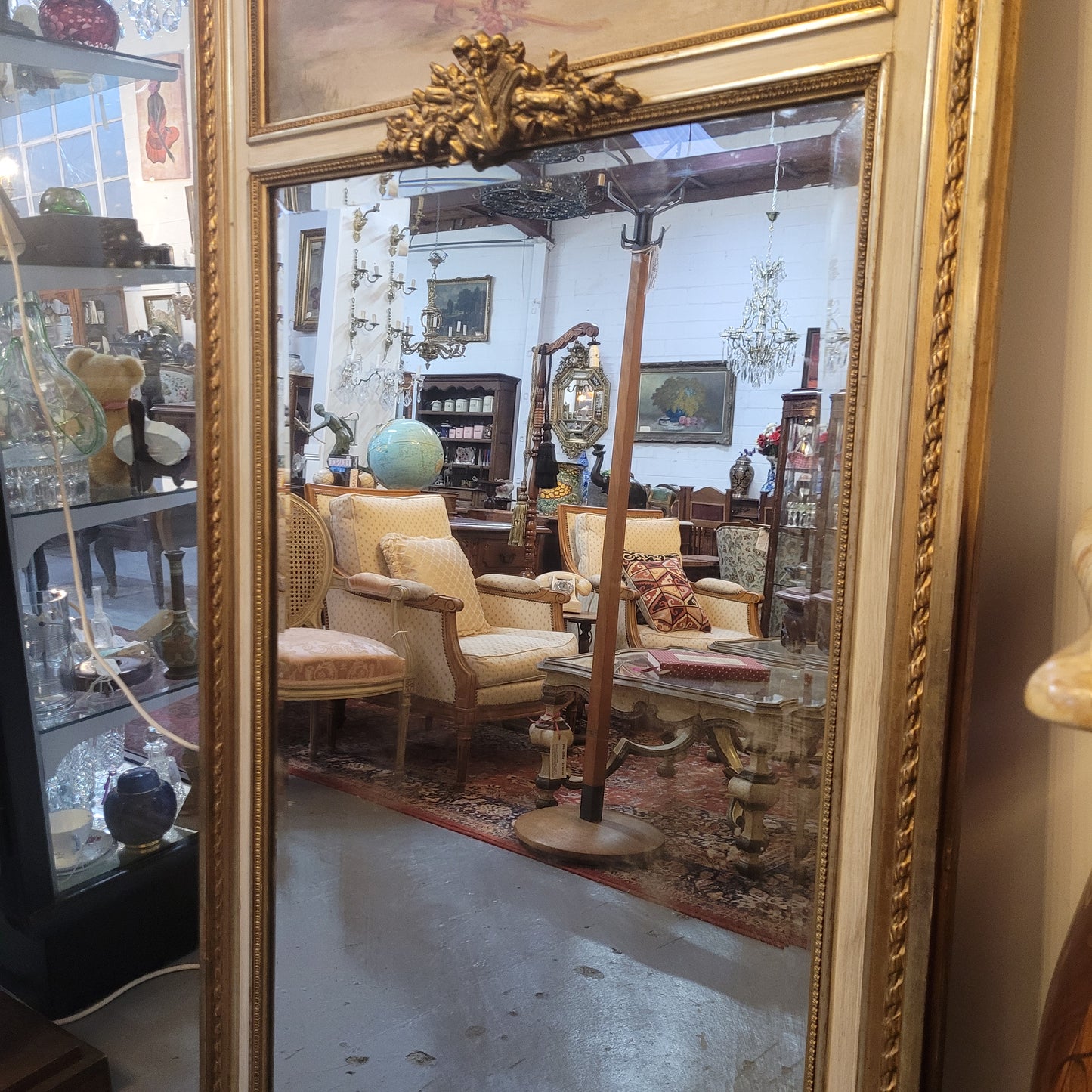 Antique French Gilt & Hand Painted Decorative Trumeau Mirror