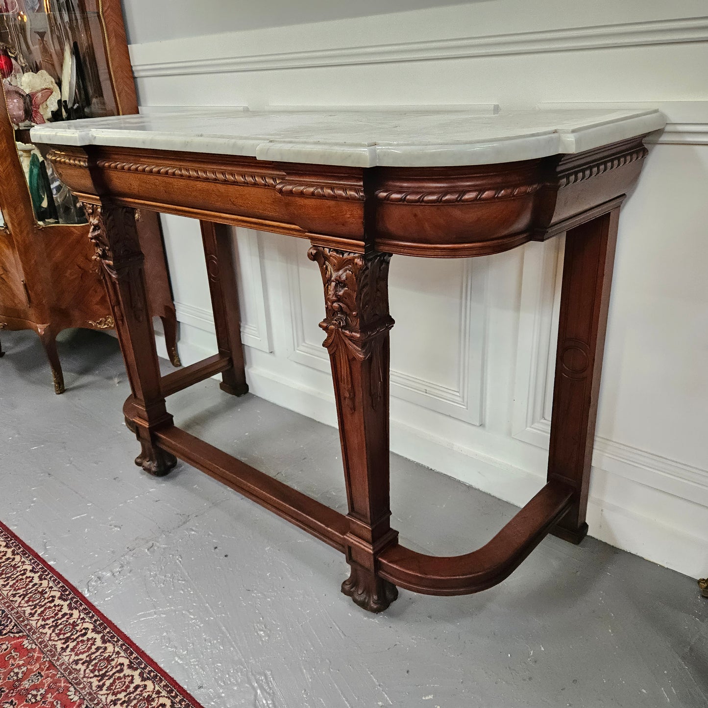 Fabulous French Henry II marble top console table with carved details. It is in good original condition. Please see the photos as they form part of the description.