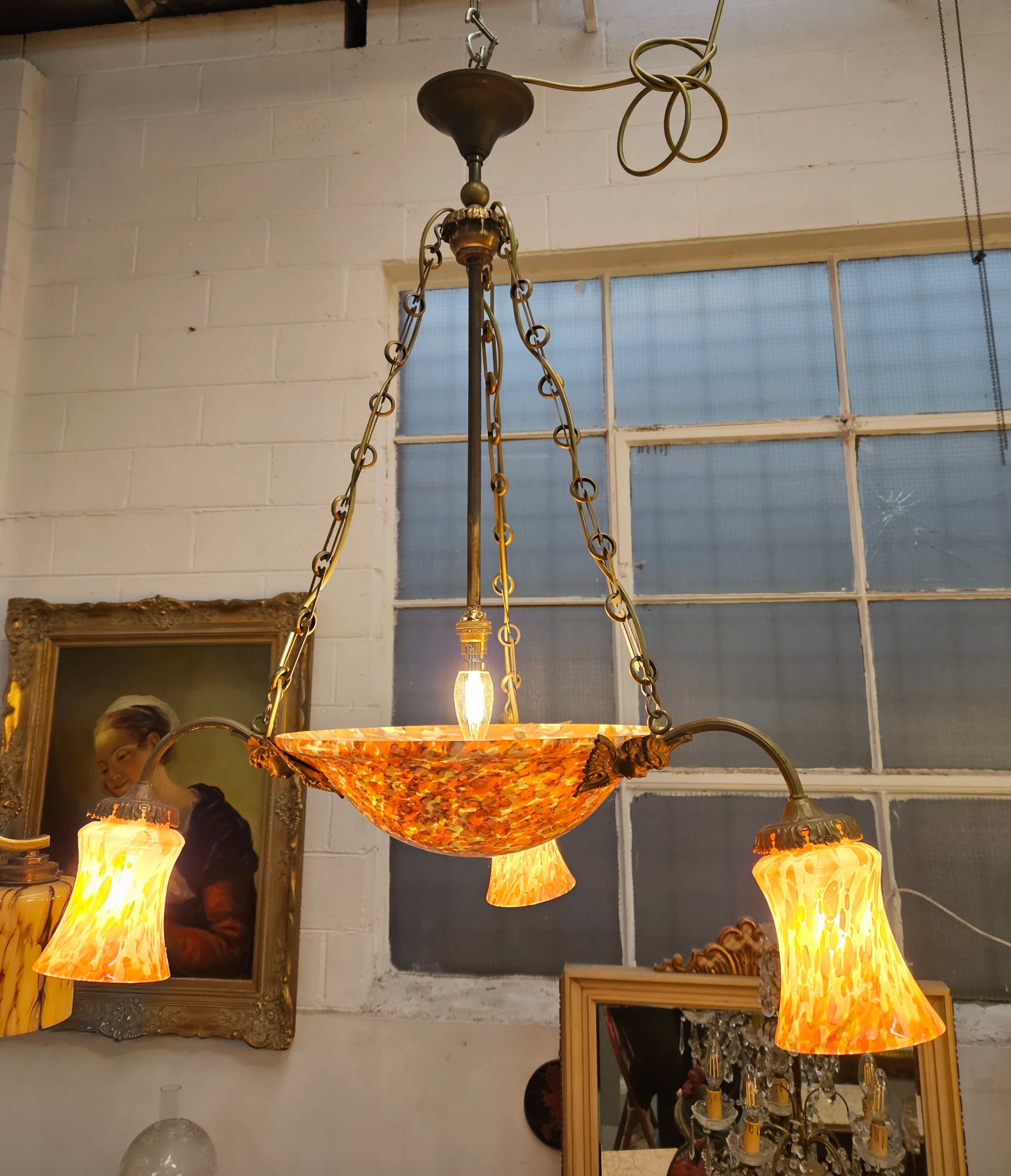 French Art Deco Molten Glass & Brass Chandelier