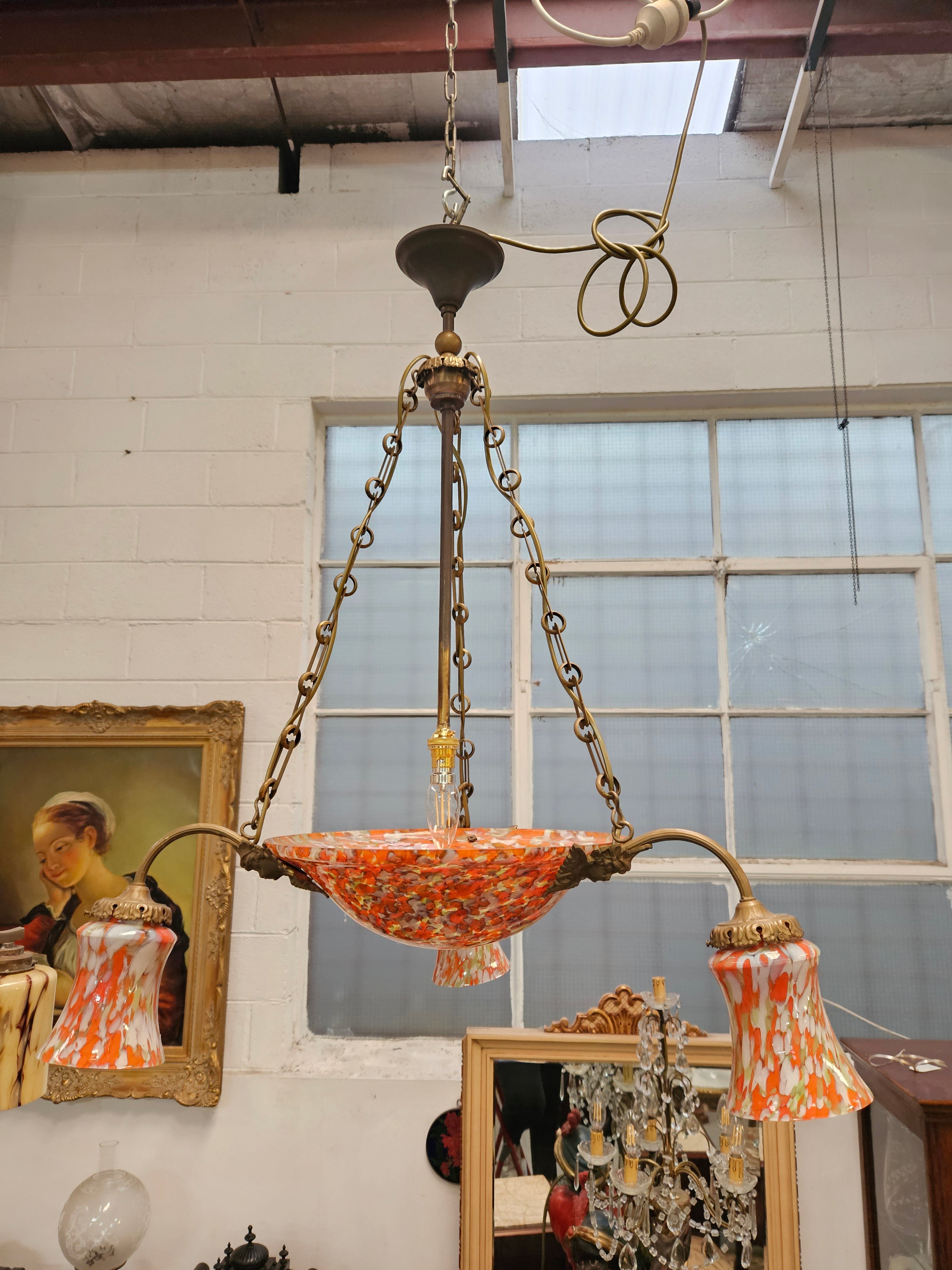 French Art Deco Molten Glass & Brass Chandelier