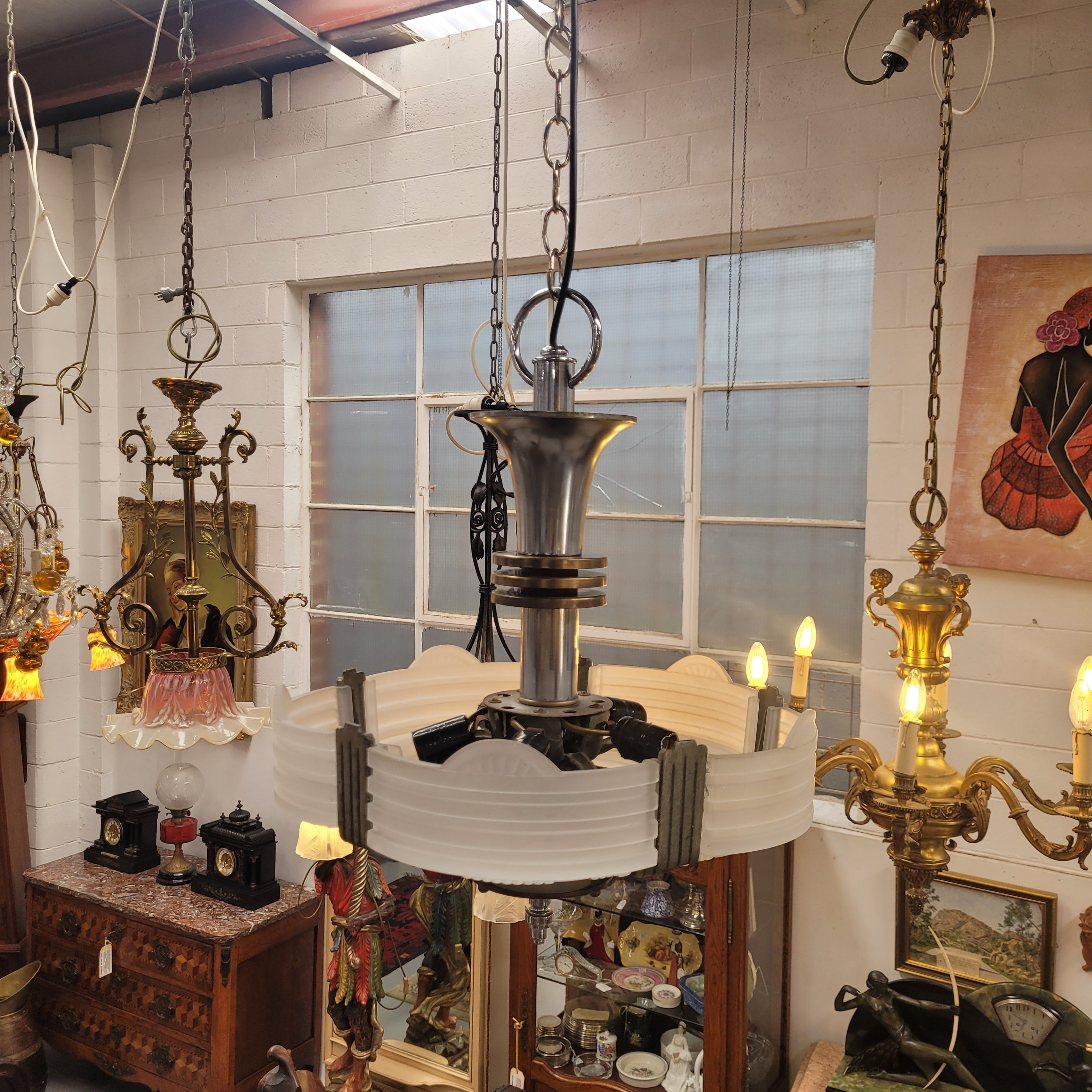 Art Deco Machine Age Streamlined Skyscraper Style Etch Glass Chandelier | Antique & Vintage | Moonee Ponds Antiques | Australia Wide Delivery