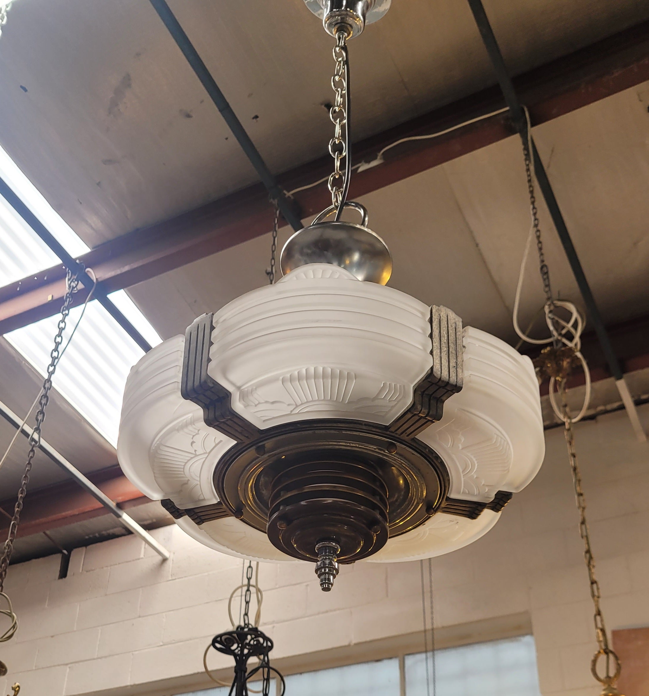 Art Deco Machine Age Streamlined Skyscraper Style Etch Glass Chandelier | Antique & Vintage | Moonee Ponds Antiques | Australia Wide Delivery