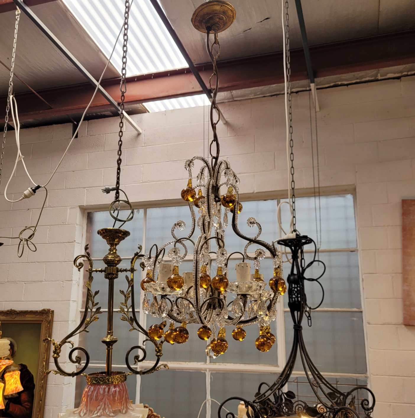 Lovely French Petit Amber & Clear Glass Chandelier