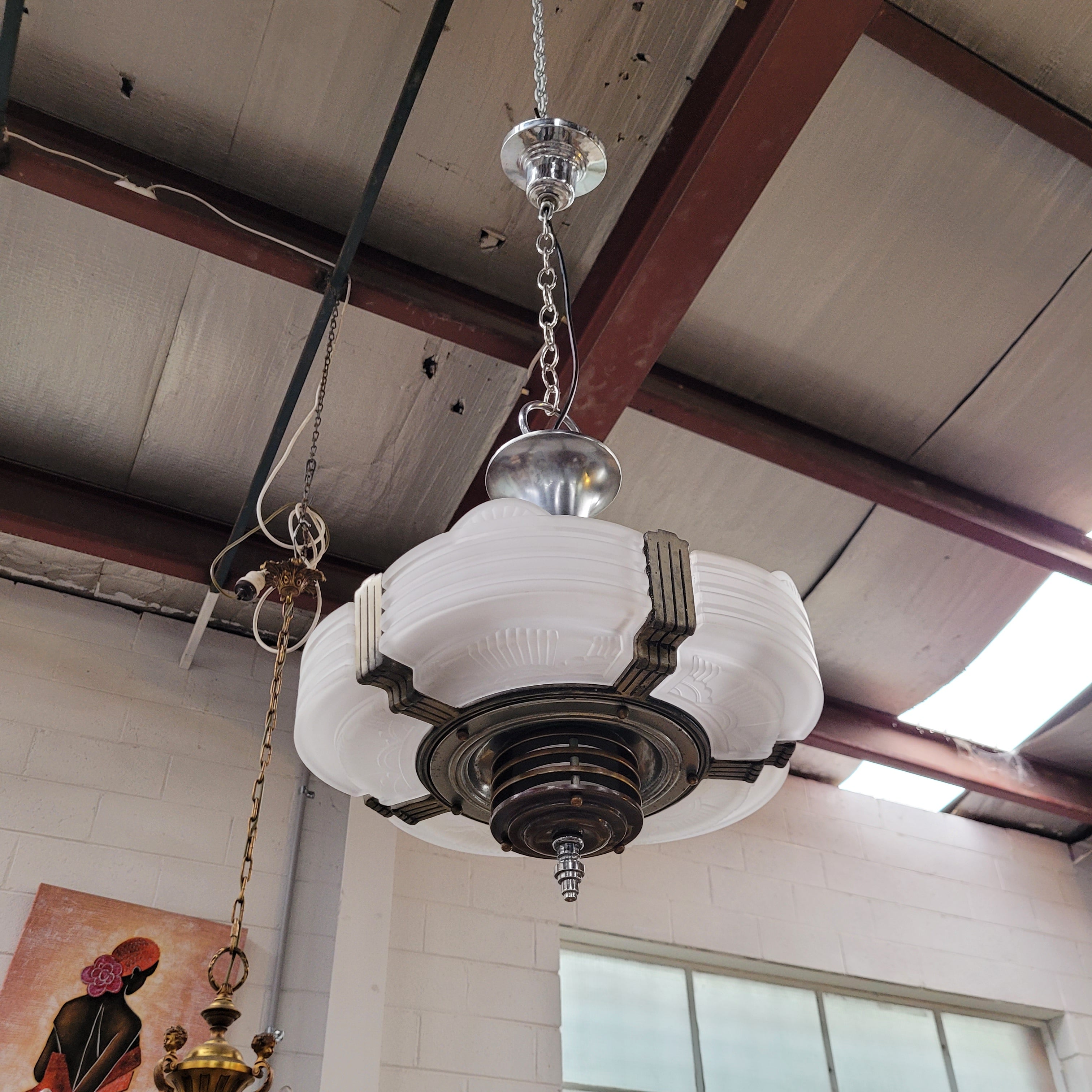 Art Deco Machine Age Streamlined Skyscraper Style Etch Glass Chandelier