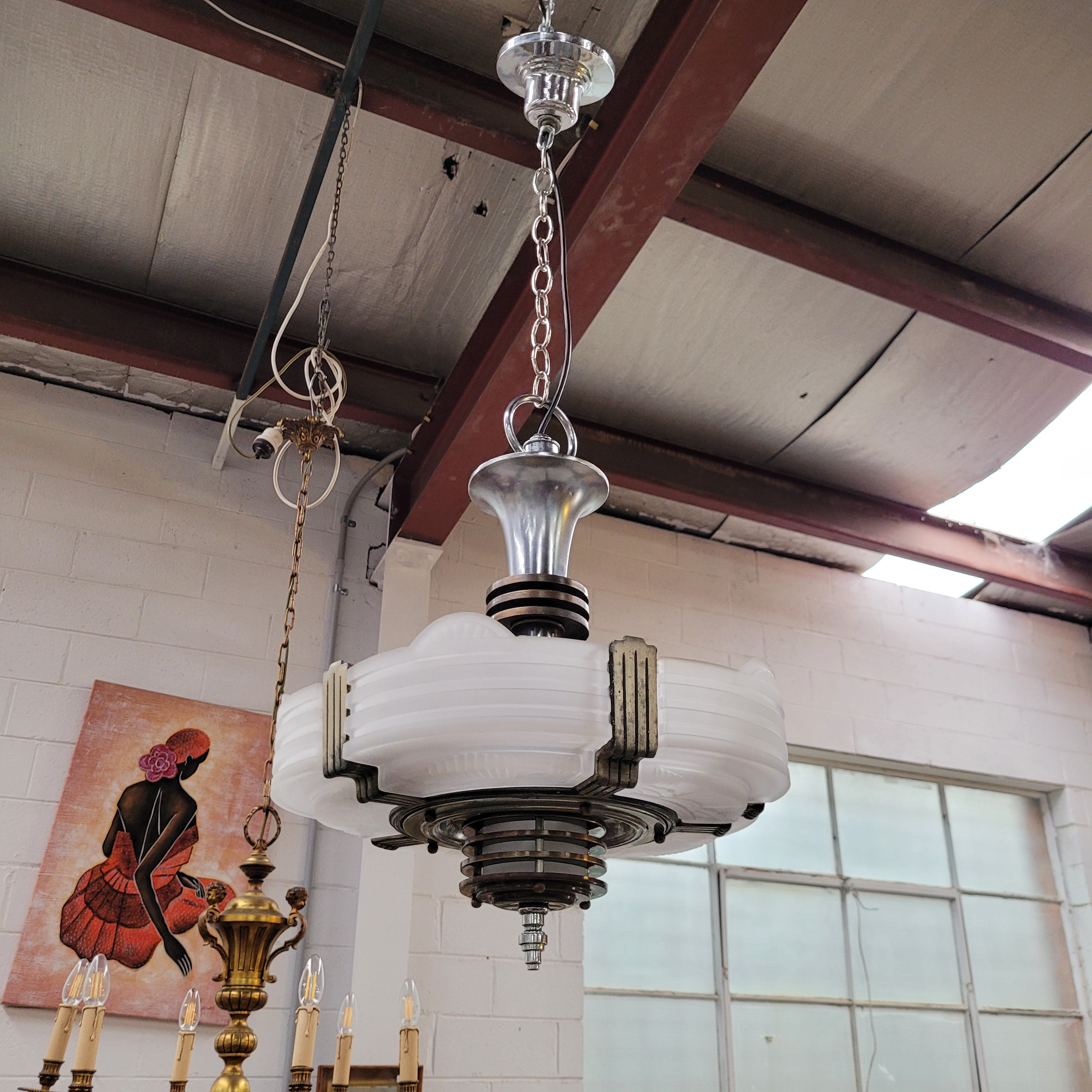 Art Deco Machine Age Streamlined Skyscraper Style Etch Glass Chandelier | Antique & Vintage | Moonee Ponds Antiques | Australia Wide Delivery
