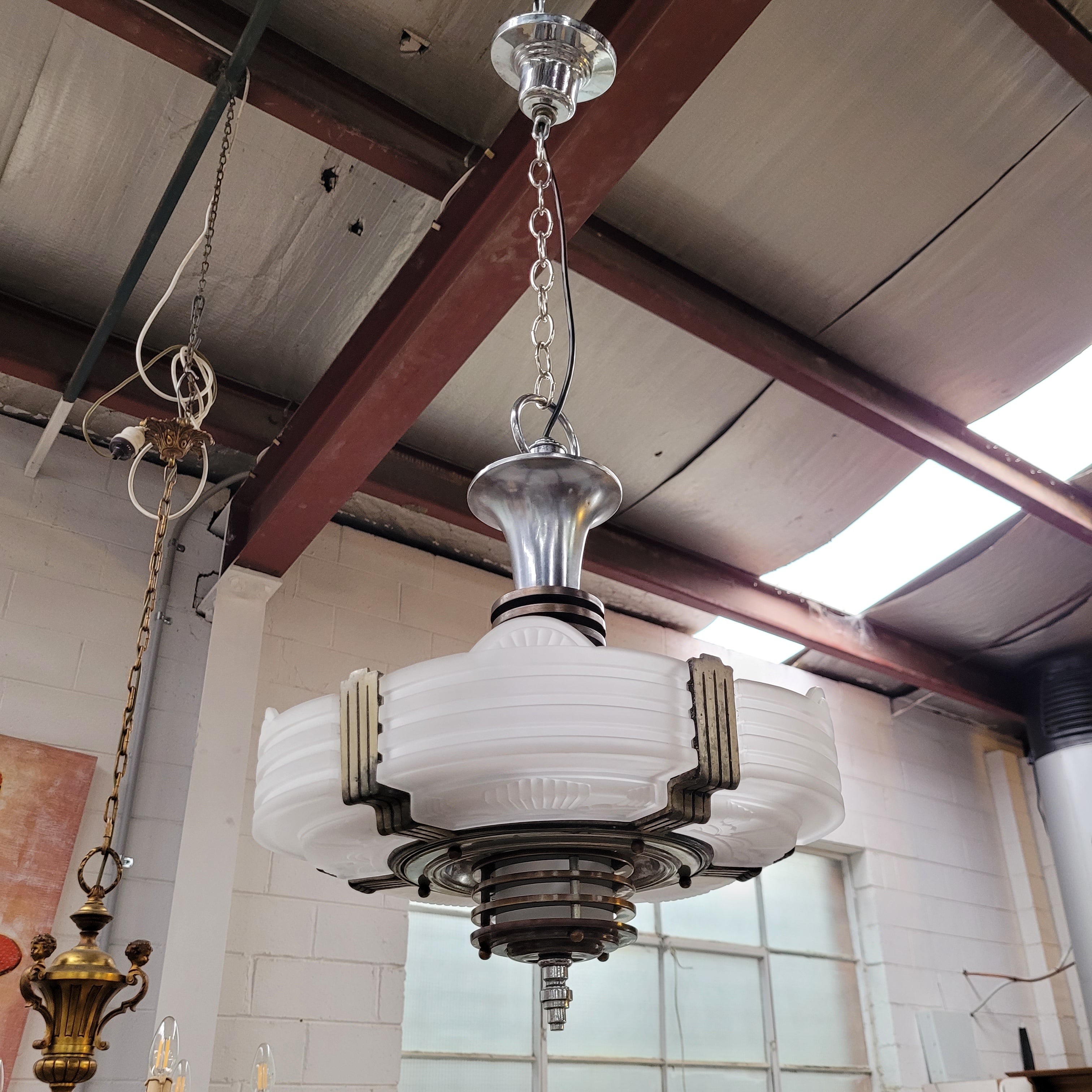 Art Deco Machine Age Streamlined Skyscraper Style Etch Glass Chandelier