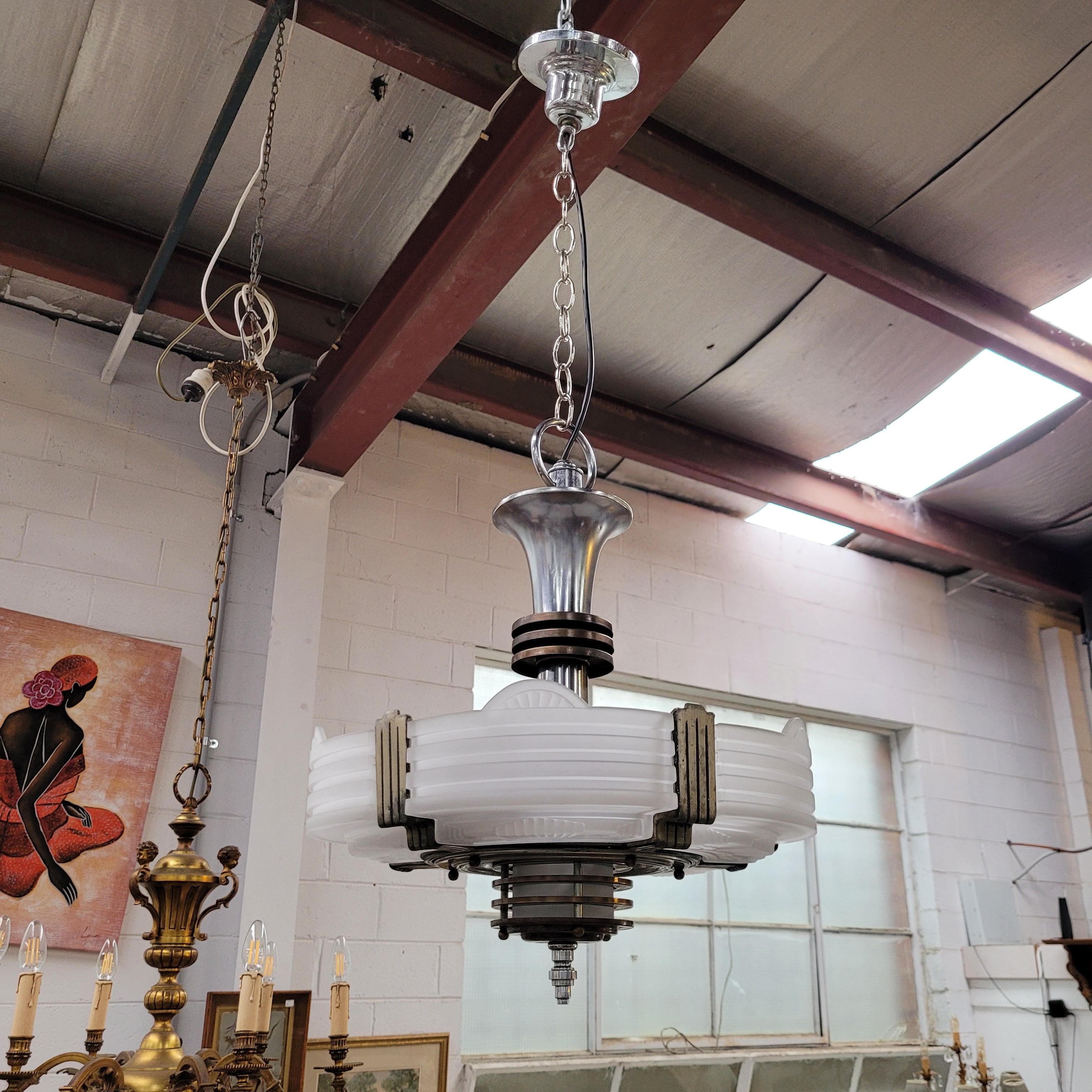 Art Deco Machine Age Streamlined Skyscraper Style Etch Glass Chandelier | Antique & Vintage | Moonee Ponds Antiques | Australia Wide Delivery