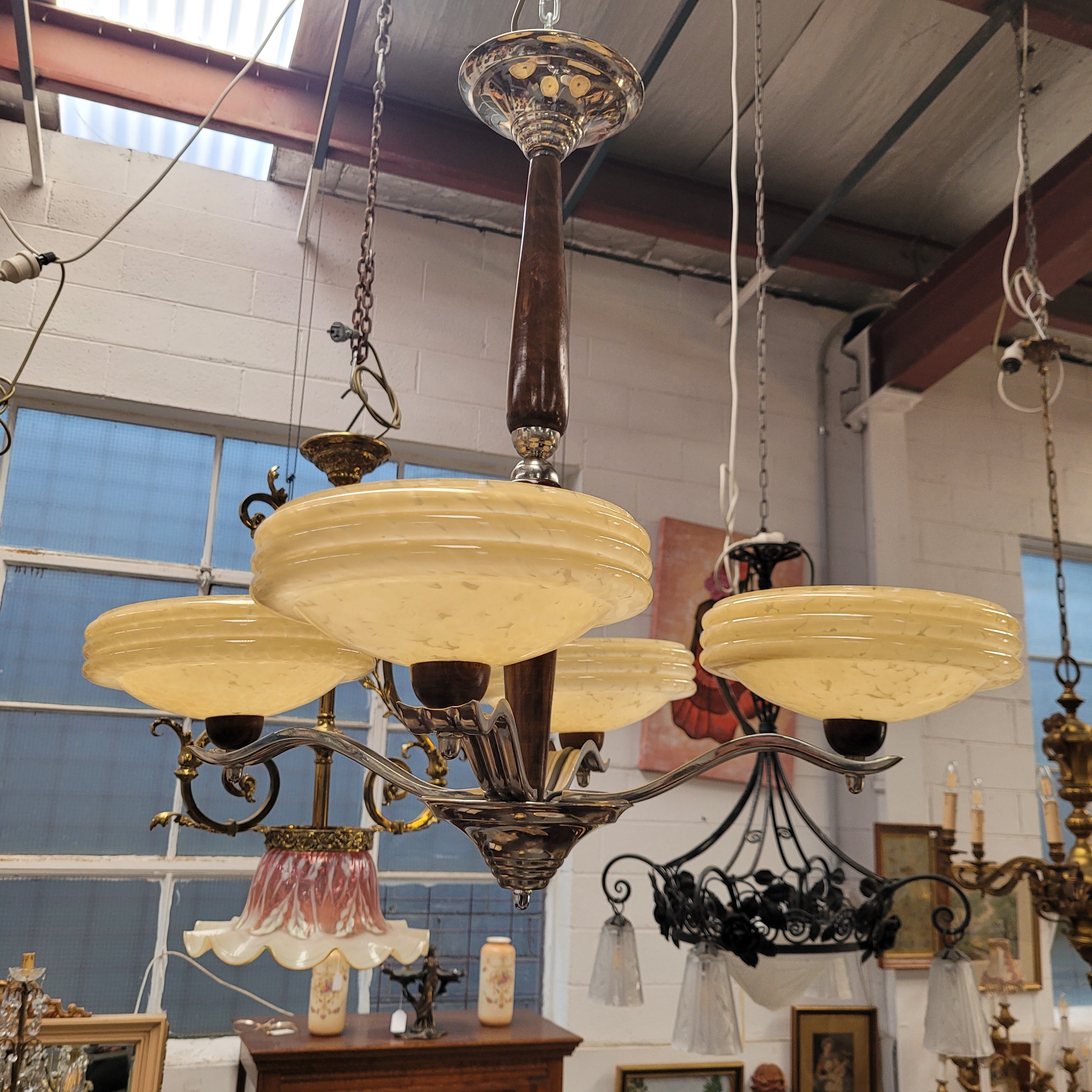 French Art Deco Chrome & Timber Chandelier | Antique & Vintage | Moonee Ponds Antiques | Australia Wide Delivery
