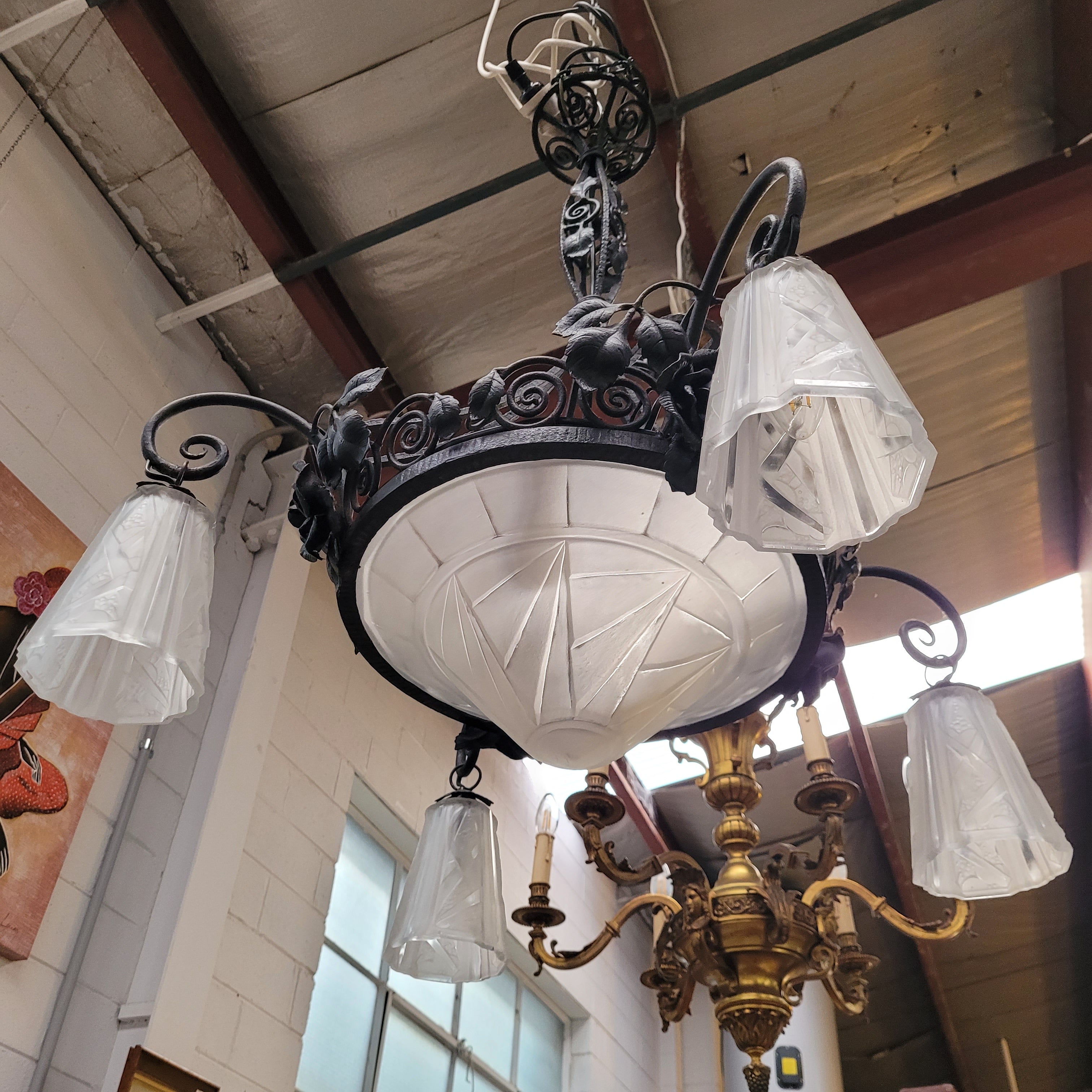 Art Decor Iron & Art Glass Ceiling Light Fitting | Antique & Vintage | Moonee Ponds Antiques | Australia Wide Delivery