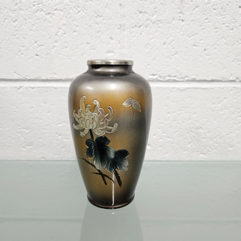 Charming antique Japanese Metal Worked Vase, Hand Painted and Engraved. In good original condition. Please see photos as they form part of the description.