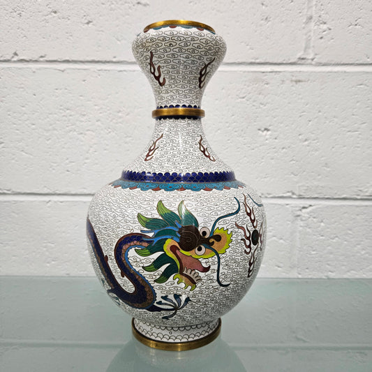Stunning Vintage Chinese Cloisonné Vase decorated with 5 toed dragon.  Please see photos as they form part of the description.