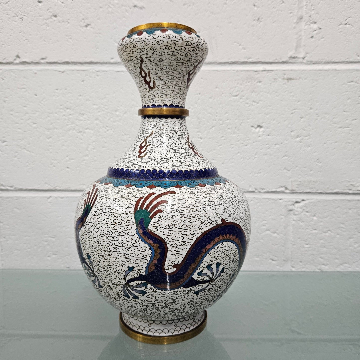 Stunning Vintage Chinese Cloisonné Vase decorated with 5 toed dragon.  Please see photos as they form part of the description.