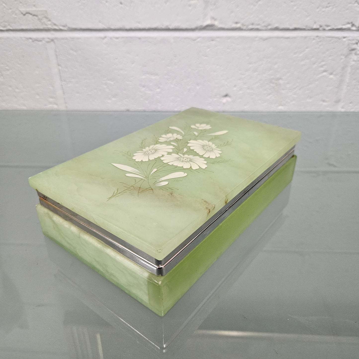 Superb Vintage Alabaster Trinket/Jewellery Box Decorated with Floral Sprays.  Please see photos as they form part of the description.