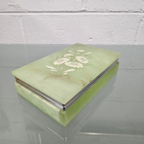 Superb Vintage Alabaster Trinket/Jewellery Box Decorated with Floral Sprays.  Please see photos as they form part of the description.