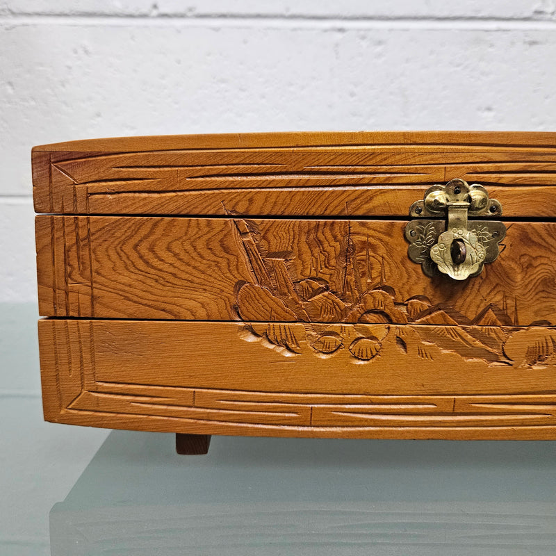 Vintage Chinese Carved Maple 2 sectional Jewellery Box with brass latch.  Please see photos as they form part of the description.