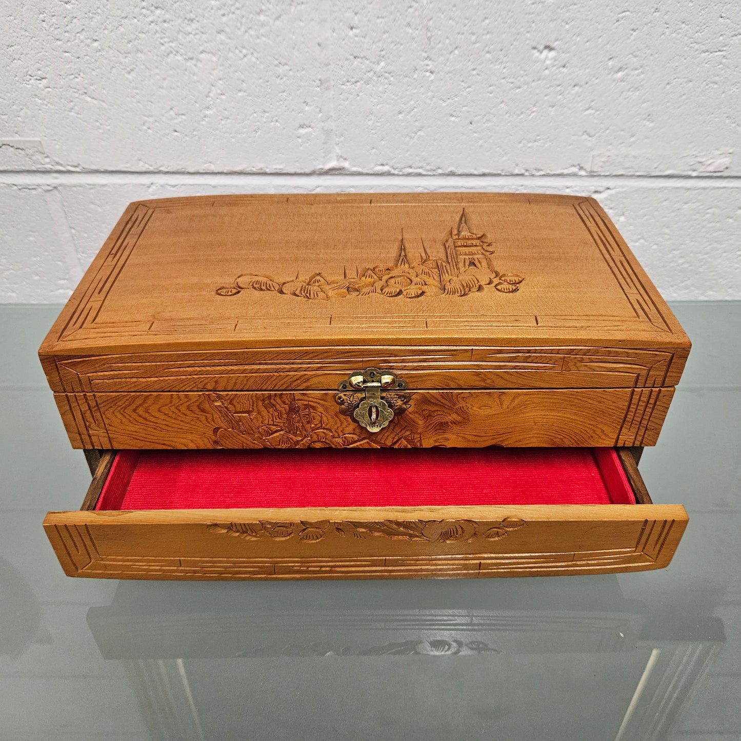 Vintage Chinese Carved Maple 2 sectional Jewellery Box with brass latch. Please see photos as they form part of the description.