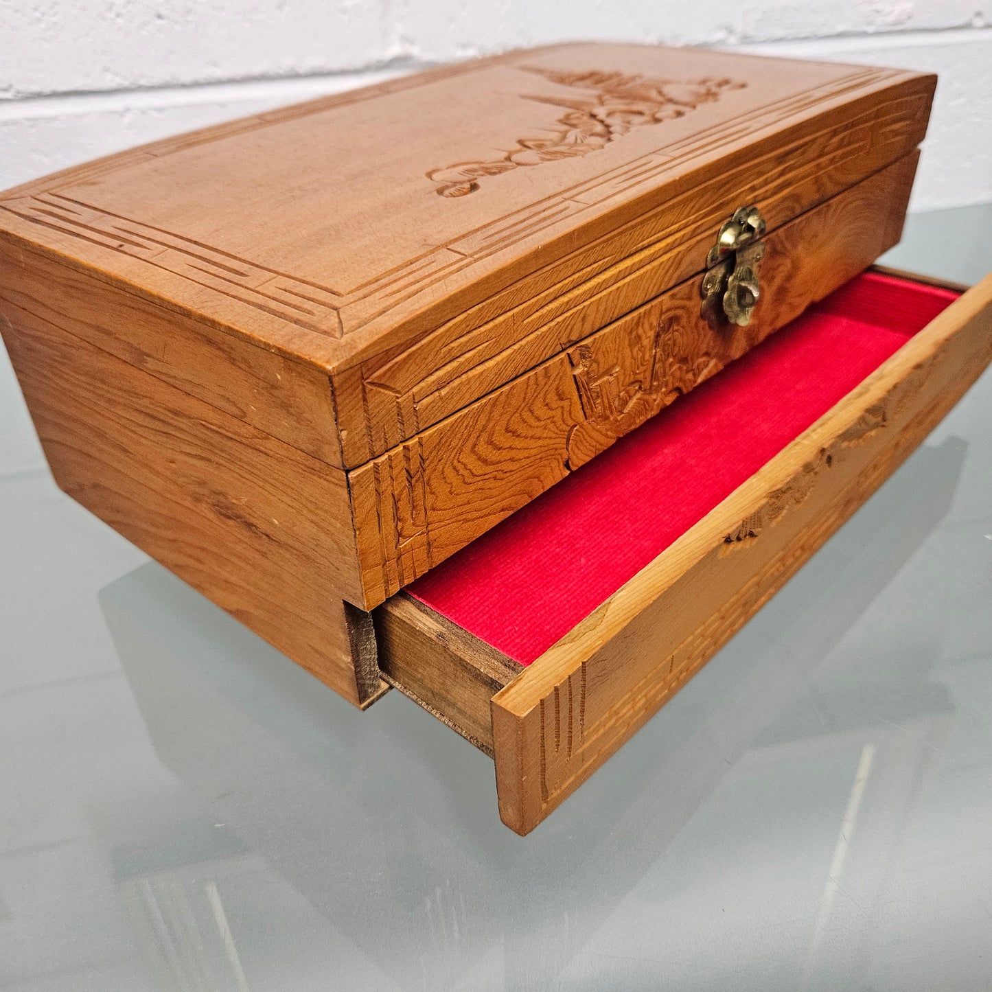 Vintage Chinese Carved Maple 2 sectional Jewellery Box with brass latch. Please see photos as they form part of the description.