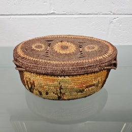 Vintage Hand Made Woven and Dyed Lidded Basket.  Signed and Dated 1935.  Please see photos as they form part of the description.