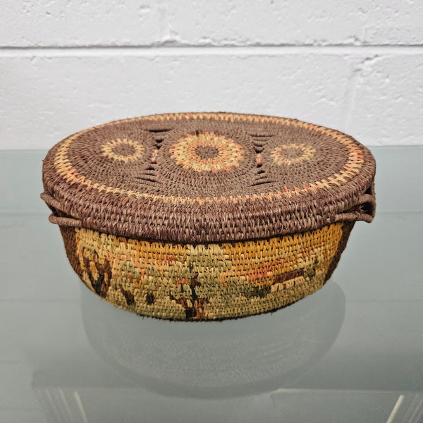 Vintage Hand Made Woven and Dyed Lidded Basket.  Signed and Dated 1935.  Please see photos as they form part of the description.