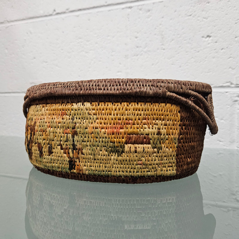 Vintage Hand Made Woven and Dyed Lidded Basket.  Signed and Dated 1935.  Please see photos as they form part of the description.