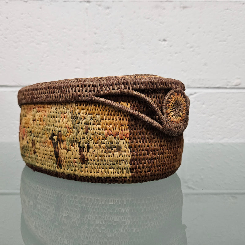 Vintage Hand Made Woven and Dyed Lidded Basket.  Signed and Dated 1935.  Please see photos as they form part of the description.