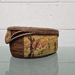 Vintage Hand Made Woven and Dyed Lidded Basket.  Signed and Dated 1935.  Please see photos as they form part of the description.