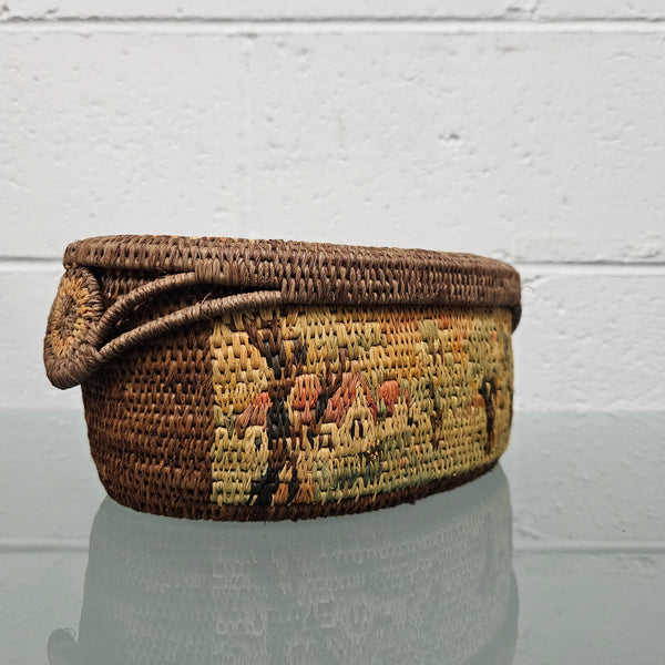 Vintage Hand Made Woven and Dyed Lidded Basket.  Signed and Dated 1935.  Please see photos as they form part of the description.