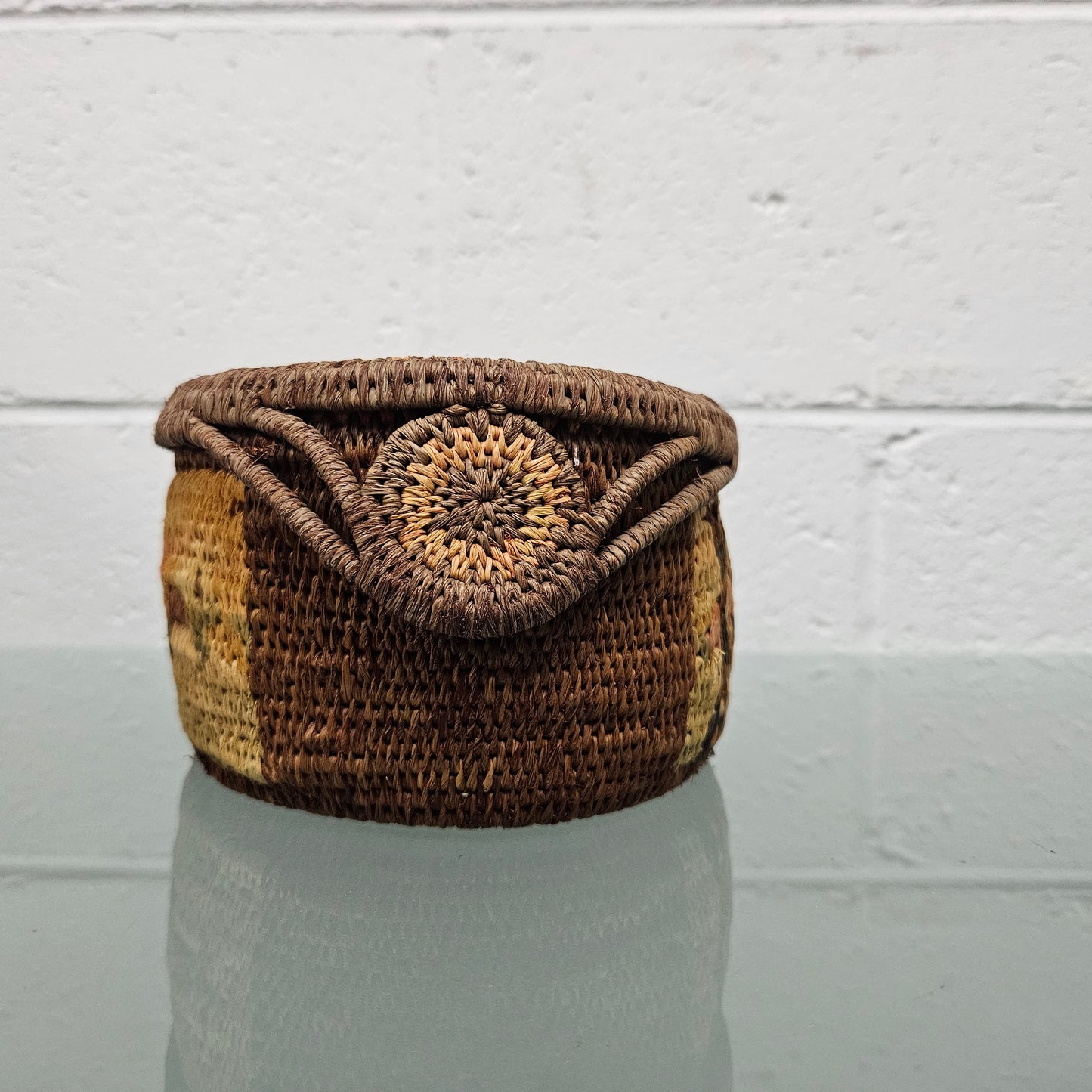 Vintage Hand Made Woven and Dyed Lidded Basket.  Signed and Dated 1935.  Please see photos as they form part of the description.