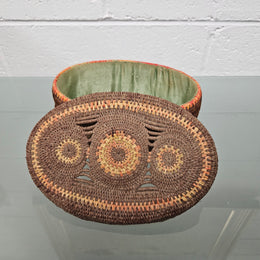 Vintage Hand Made Woven and Dyed Lidded Basket.  Signed and Dated 1935.  Please see photos as they form part of the description.