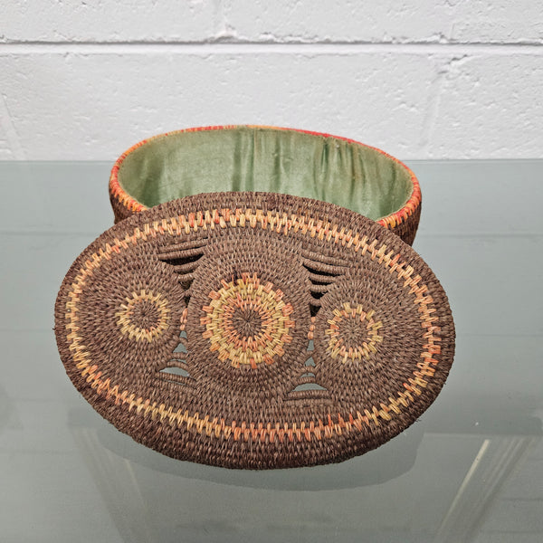 Vintage Hand Made Woven and Dyed Lidded Basket.  Signed and Dated 1935.  Please see photos as they form part of the description.