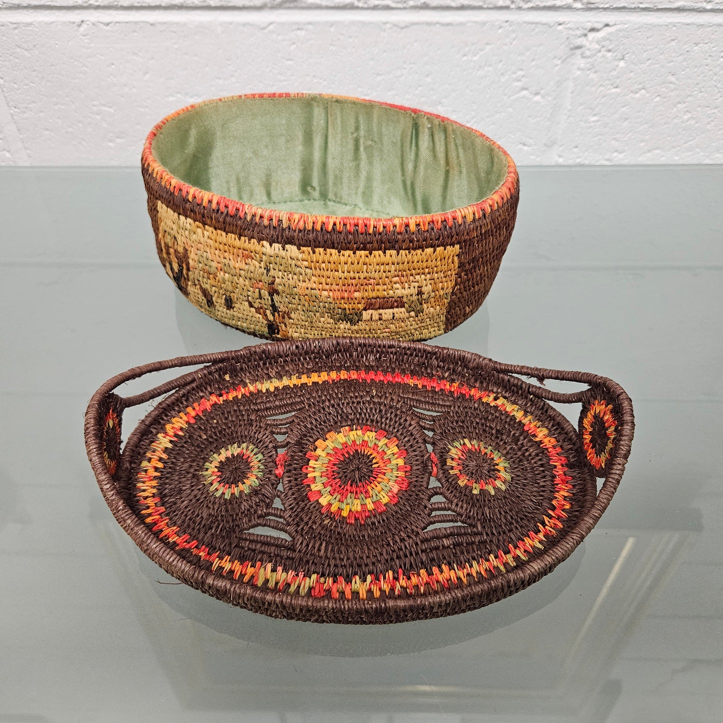 Vintage Hand Made Woven and Dyed Lidded Basket.  Signed and Dated 1935.  Please see photos as they form part of the description.