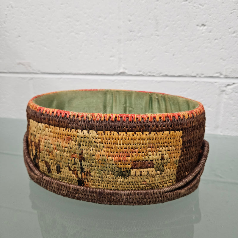 Vintage Hand Made Woven and Dyed Lidded Basket.  Signed and Dated 1935.  Please see photos as they form part of the description.