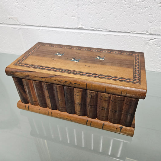 Antique Walnut Inlaid & Hand Painted Jewellery Box with Hidden (Secret) Compartment & Hidden Key Escutcheon.  Circ 1920,s. Charming button backed satin interior. Please see photos as they form part of the description.