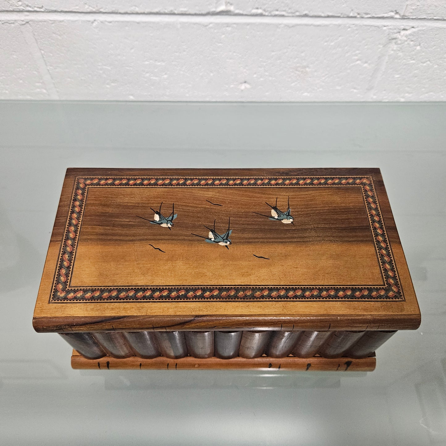 Antique Walnut Inlaid & Hand Painted Jewellery Box with Hidden (Secret) Compartment & Hidden Key Escutcheon.  Circ 1920,s. Charming button backed satin interior. Please see photos as they form part of the description.