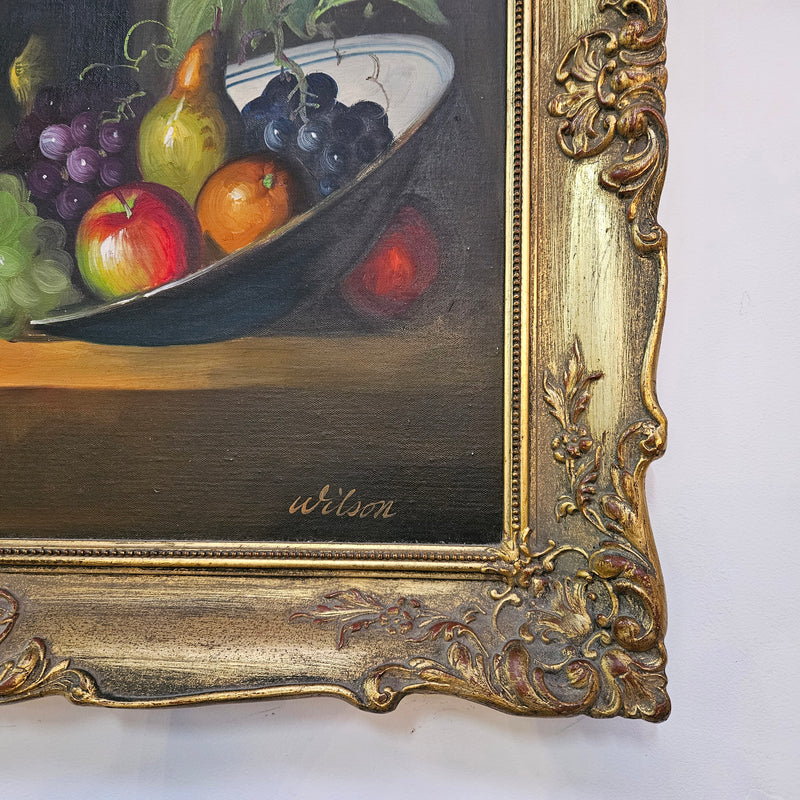 Lovely vintage oil still life on canvas painting in a gilt frame, sourced in France. In good original condition. Please see photos as it form part of the description.