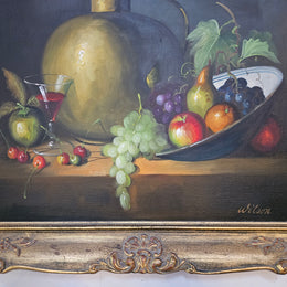 Lovely vintage oil still life on canvas painting in a gilt frame, sourced in France. In good original condition. Please see photos as it form part of the description.